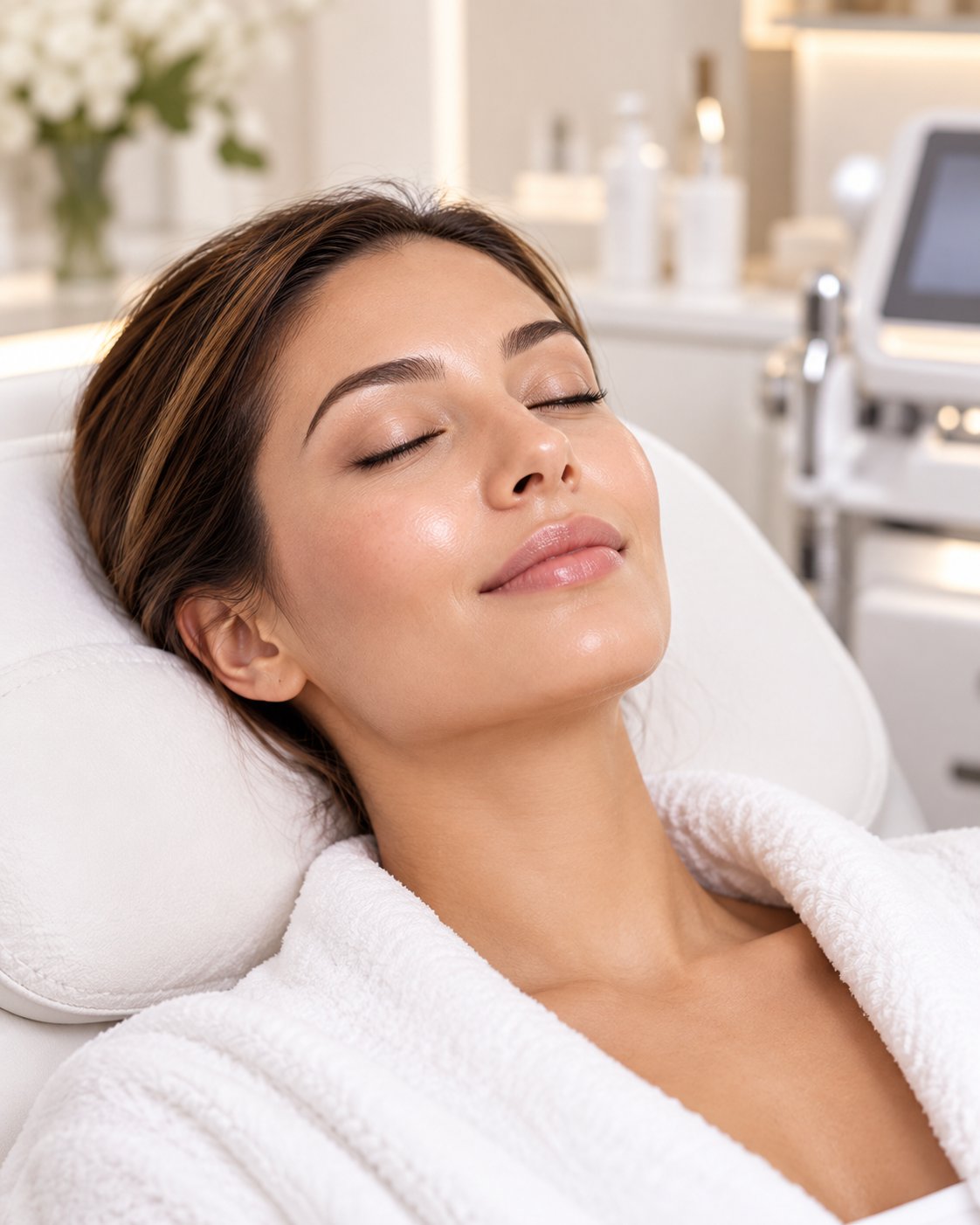 Paciente relaxada em cadeira de atendimento dermatológico
